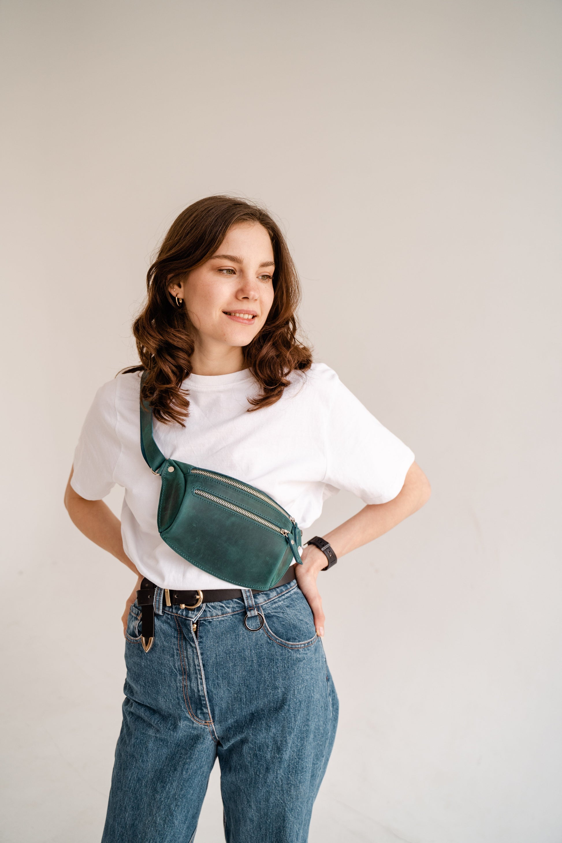 green leather fanny pack