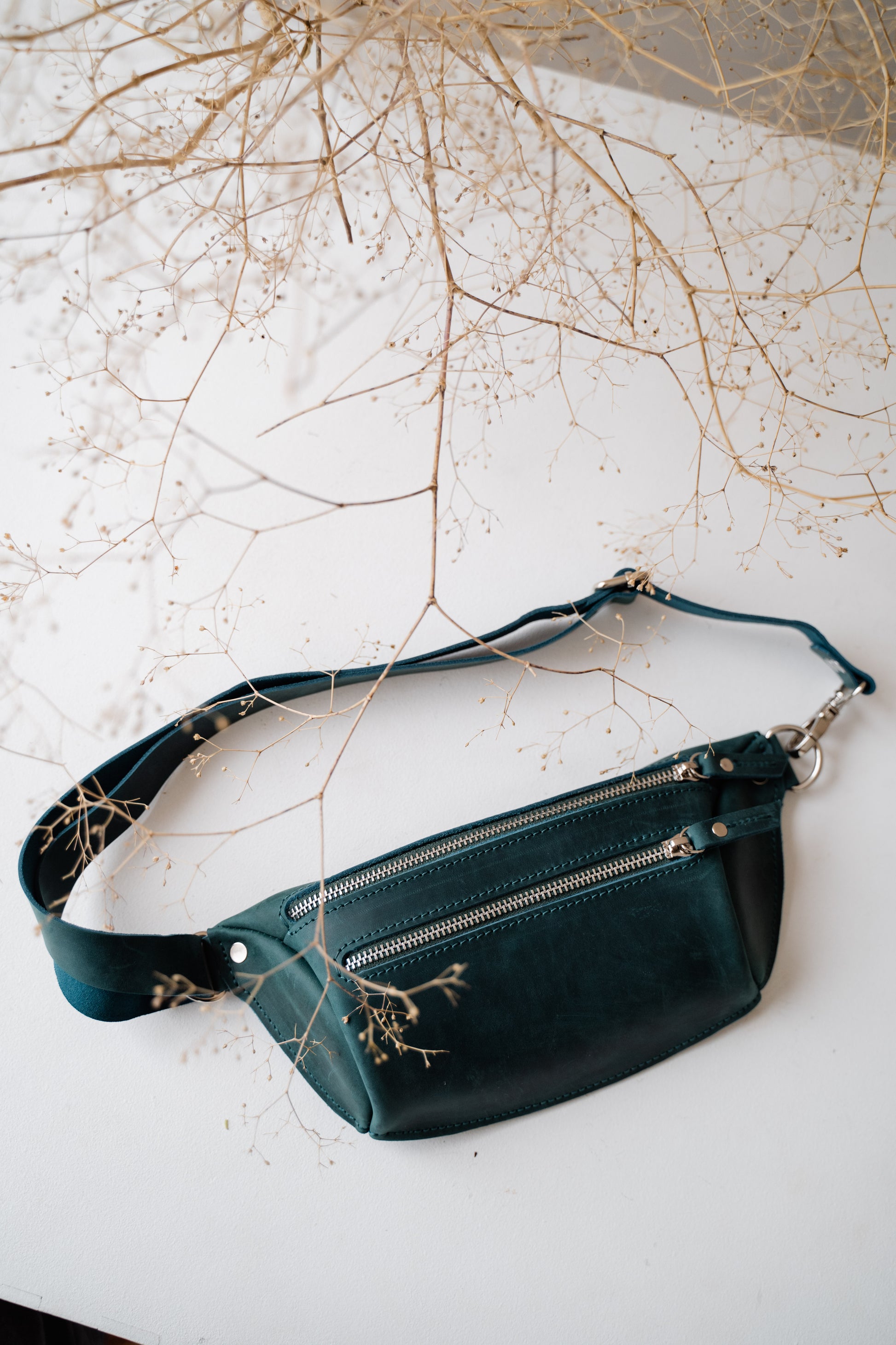 green leather belt bag